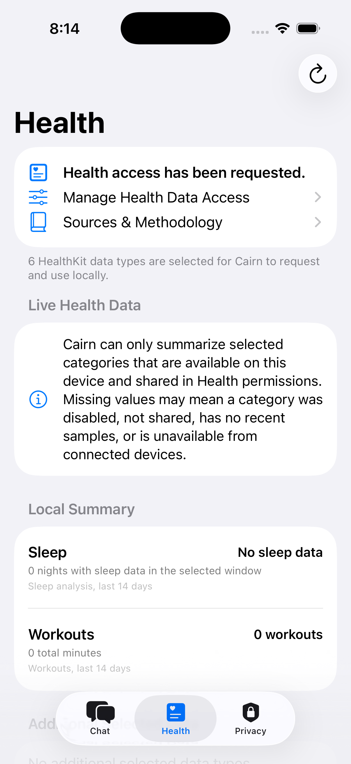 Cairn Grove Health screen showing local summary and navigation